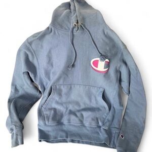 Champion Blue Reverse Weave Hoodie with Pink Logo Size S Mens